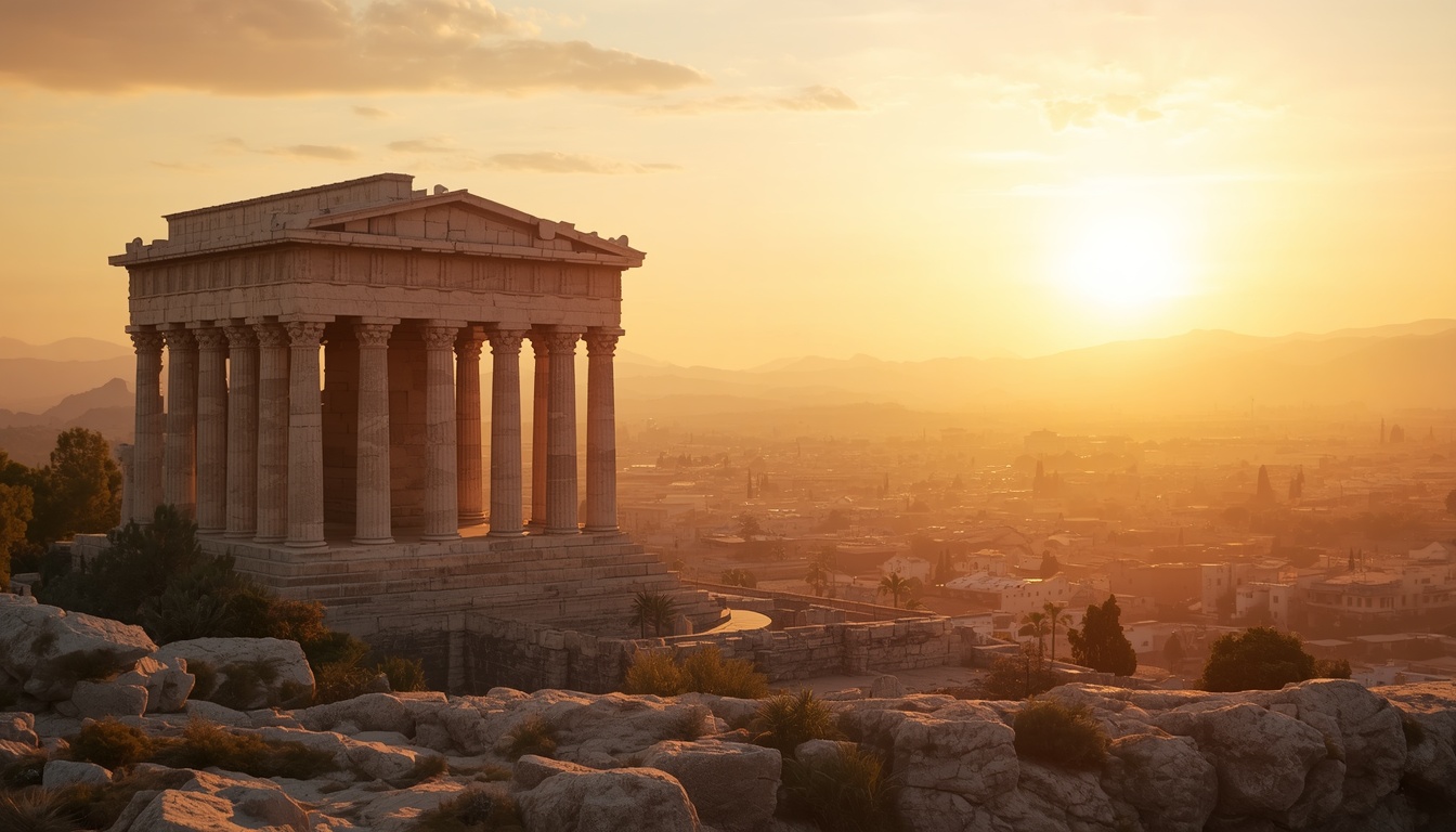 A Greek temple standing at the far edge of the Martian desert, flattened by a telephoto lens across the dust